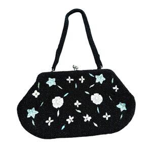 Vintage Richere black beaded evening bag top handle purse floral bead work Japan